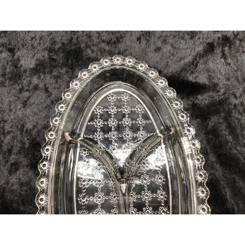 Mid Century Pressed Glass Divided Relish Tray Dish Daisy Chain Beaded Block
